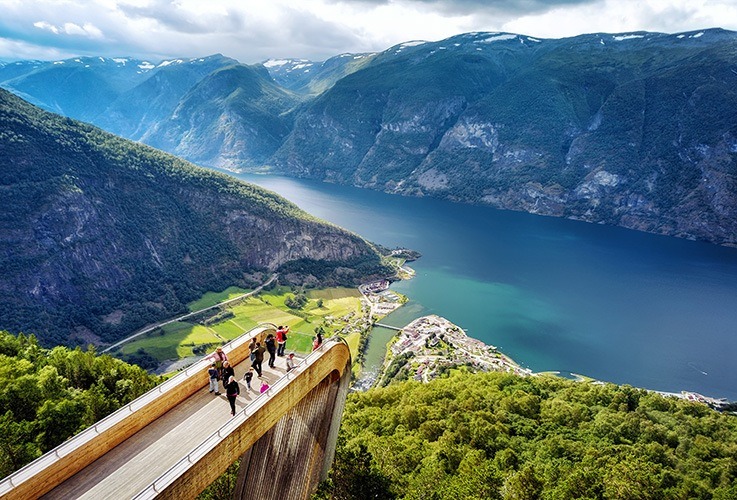 Tourists crossing bridge