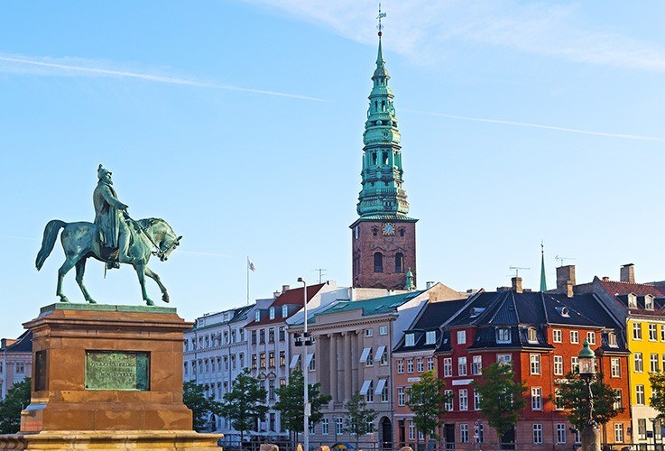 City skyline and horse statue