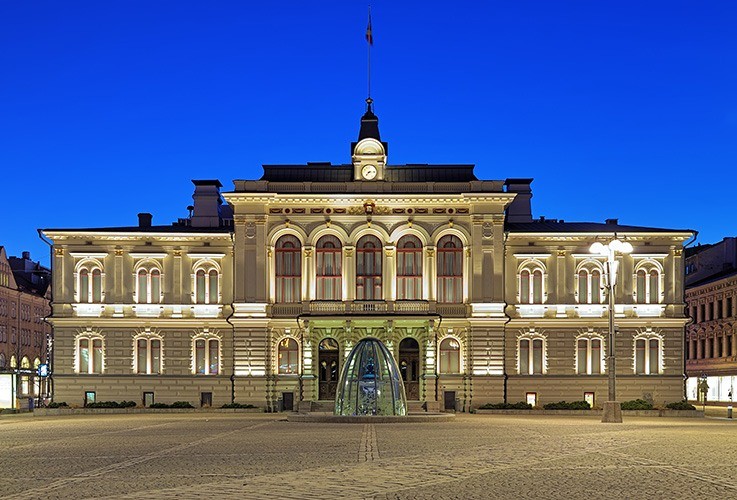 Lighted building at night