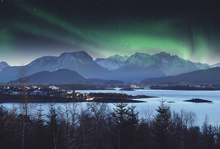 Mountain range and northern lights