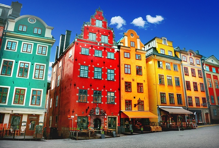 Uniquely shaped and colored row of buildings in Gamla Stan, Stockholm