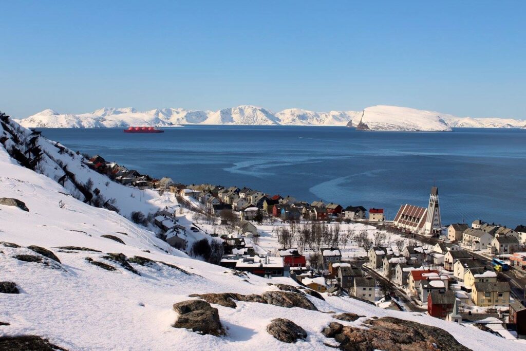 Sunny winter day in Hammerfest, Norway - March 2018